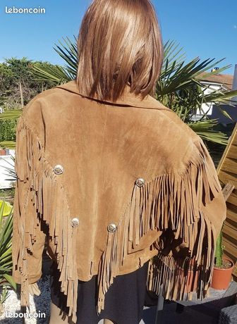 Blouson Western Femme En Cuir Camel à Franges - Tailles 38-40-42 - Style Cowboy