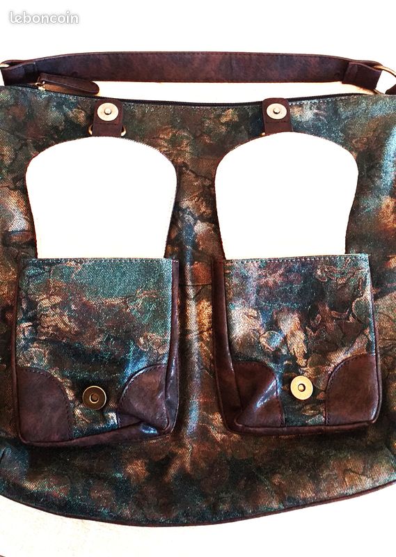 Sac NEUF en Jean bleu motif Doré & Simili Cuir Marron (image 6)