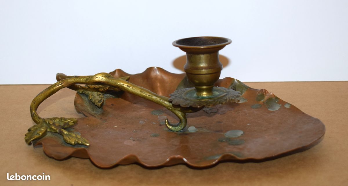 Ancien bougeoir à main en bronze et cuivre - fin 19e siècle (image 2)
