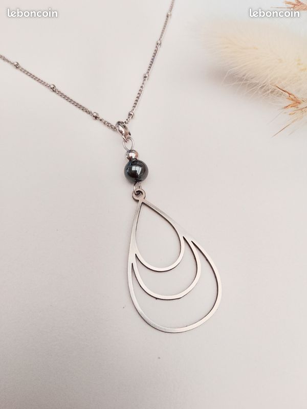 Collier 2 Perles Hématite 8mm - Chaîne Acier Inoxydable, Unisexe, Neuf France