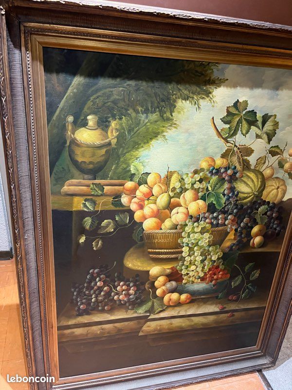Grand tableau nature morte ancien – 112 x 145 cm – cadre doré (image 2)