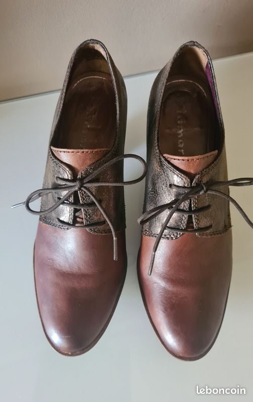 Derbies à talons Tamaris cuir marron/bronze T38 - Excellent état (image 2)