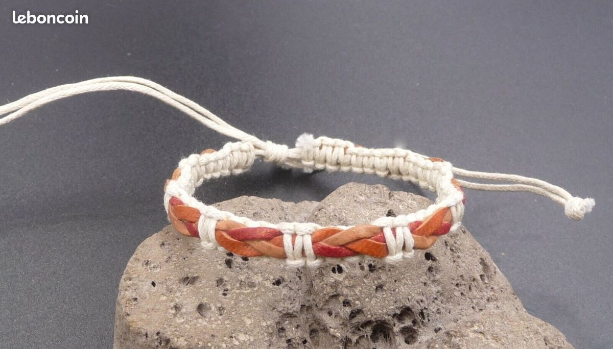 Bracelet réglable unisexe en cuir tressé naturel orange rouge et coton (image 1)