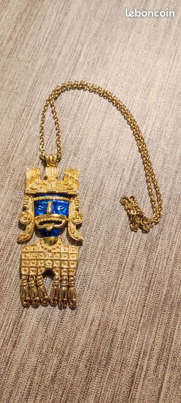 Collier Vintage Mexicain Années 60 - Laiton Et Argent - Pendentif Soleil - Excellent état