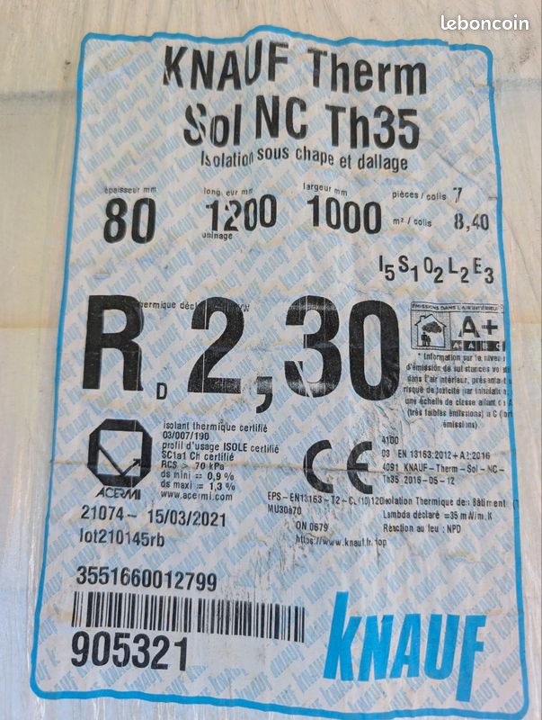 Panneau isolant PSE pour sols sous chape ou dalle hydraulique - Knauf Therm Sol NC Th35 - R 2,30 m².K/W - 120,00 M x 1,00 M - ép.80 MM (image 1)