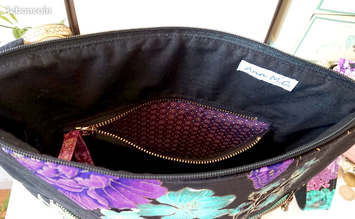 Sac à main tissu coton floral japonais, rose, turquoise, noir, triple ouverture, sangle ajustable (image 9)