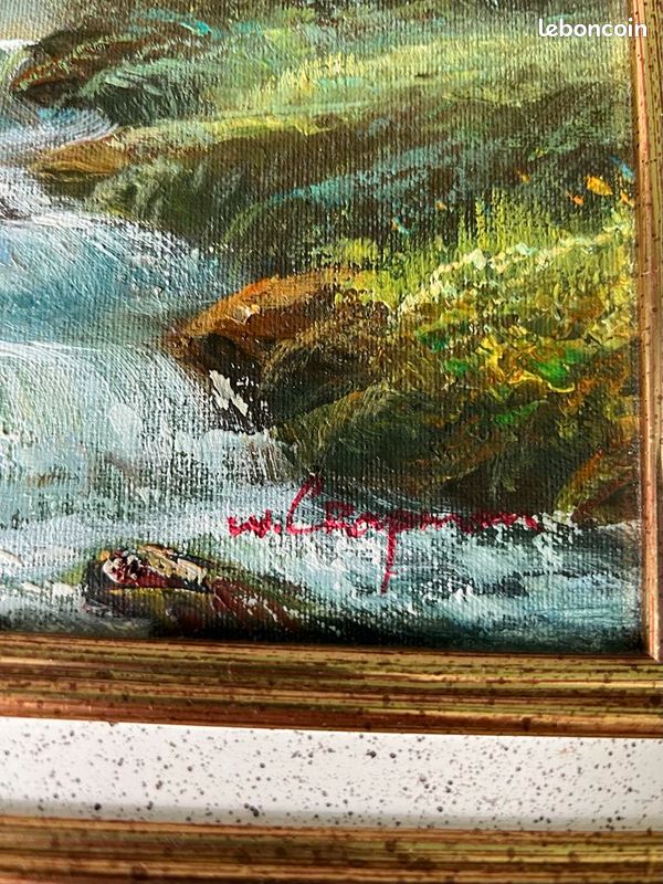 Peinture à l'huile vintage paysage montagne chalet rivière – Signée W.L. Chapman – Cadre 50x40 cm (image 3)