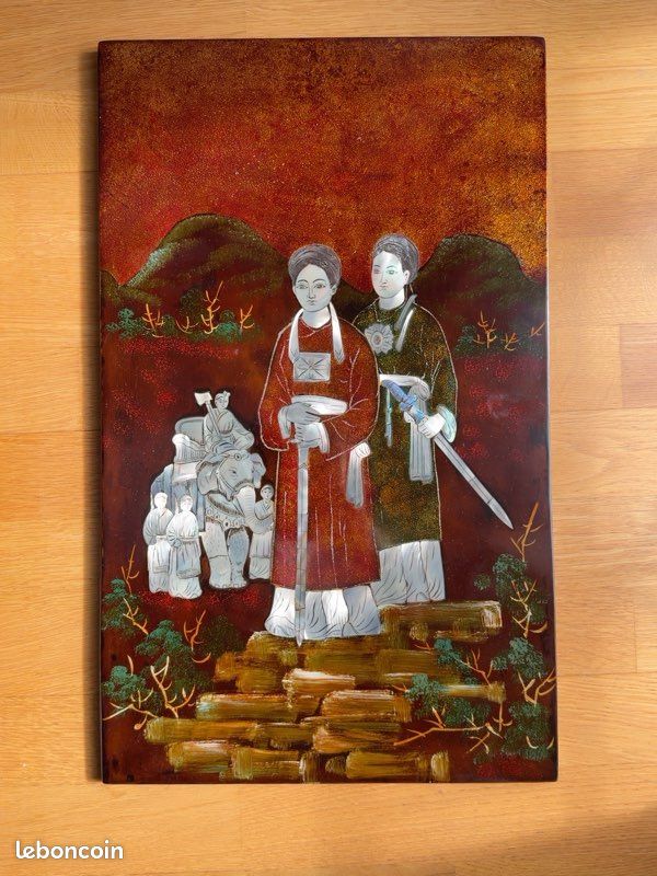 Panneau vietnamien en laque et nacre – Scène traditionnelle avec éléphant (image 2)