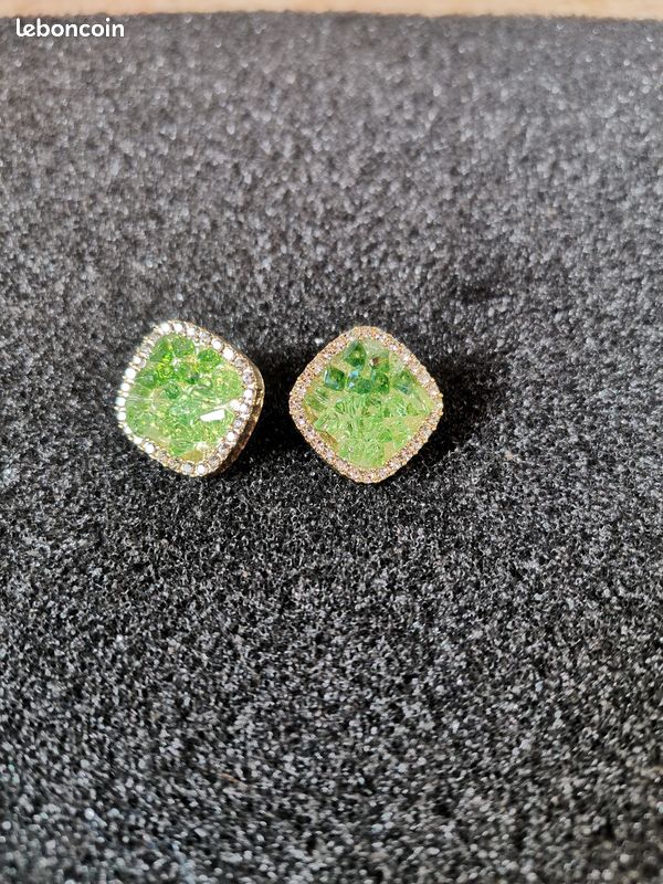 Boucles d'Oreille - Effet Druzy Vert - Entourage Strass (image 5)