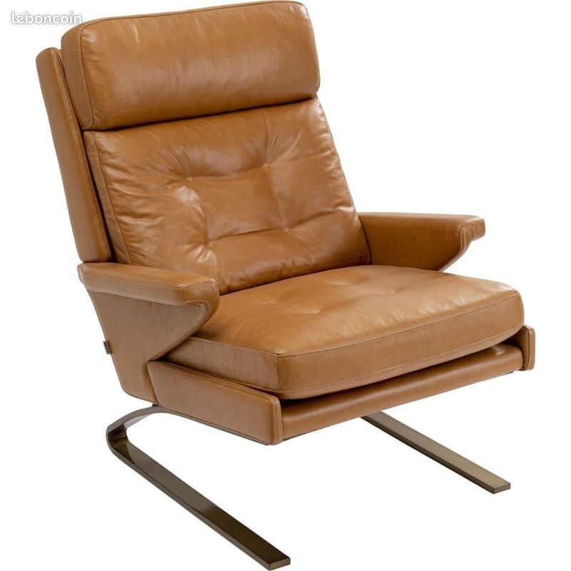 FAUTEUIL ET POUF DESIGN CUIR BRUN CLAIR Neuf (image 2)