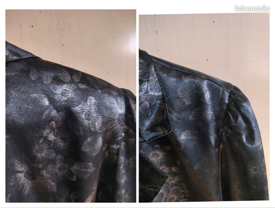 Veste veston satin imprimé floral fleurs col revers col V double boutonnage épaulettes chatoyant (image 5)
