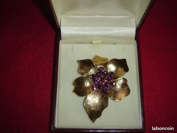 Broche Ancienne Améthyste Et Perles - Style Français Vintage - Métal Argenté - Occasion