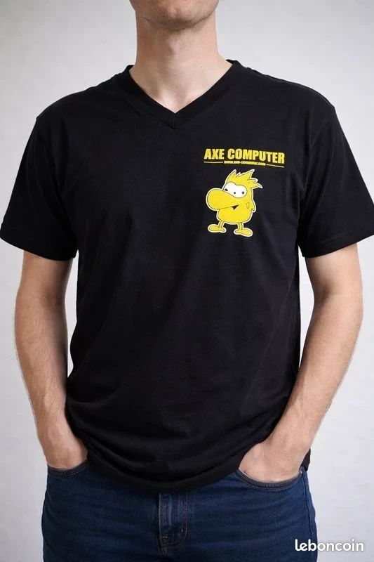 T-shirt AXE Computer noir col V – Taille M – Geek rétro – Double imprimé (image 1)