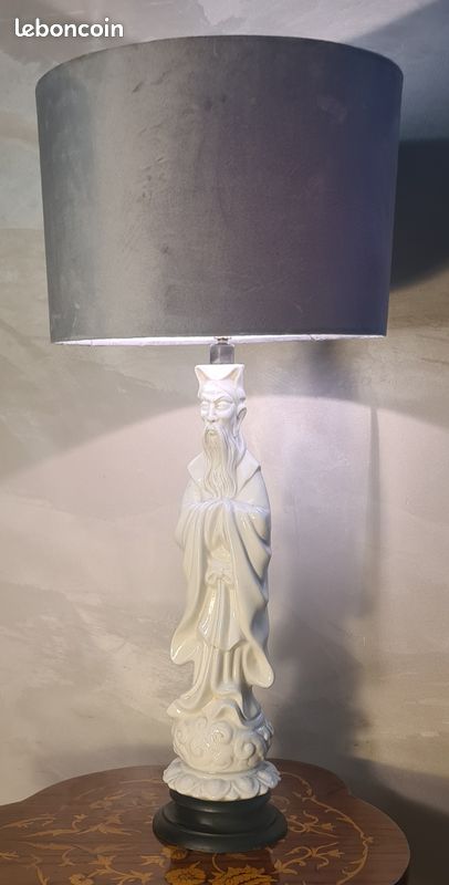 Lampe ceram porcelaine et abat jour velour gris 66x30 (image 2)