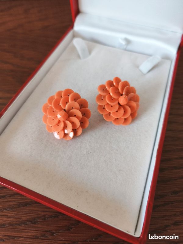 Boucles D'oreille Vintage à Clips Années 80 - Plastique Orange Motif Escargot - Création Françoise