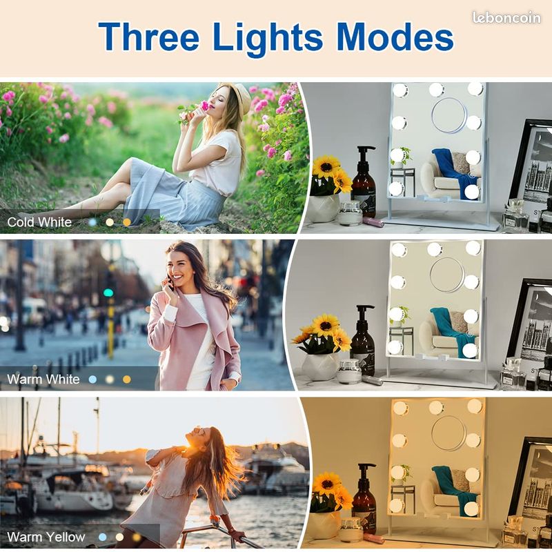 OSDUE Miroir de Maquillage hollywoodien avec lumières, Miroir Cosmétique LED, 9 Ampoules, 3 Modes de Couleur Réglables Contrôle Tactile, avec Miroir Grossissant x10, Rotation Réglable à 180 °, 30x25cm (image 5)
