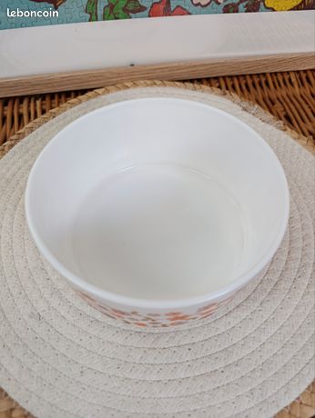 Grand saladier,Arcopal, fleurs orange, 1970 80 Blanc/Orange Verre