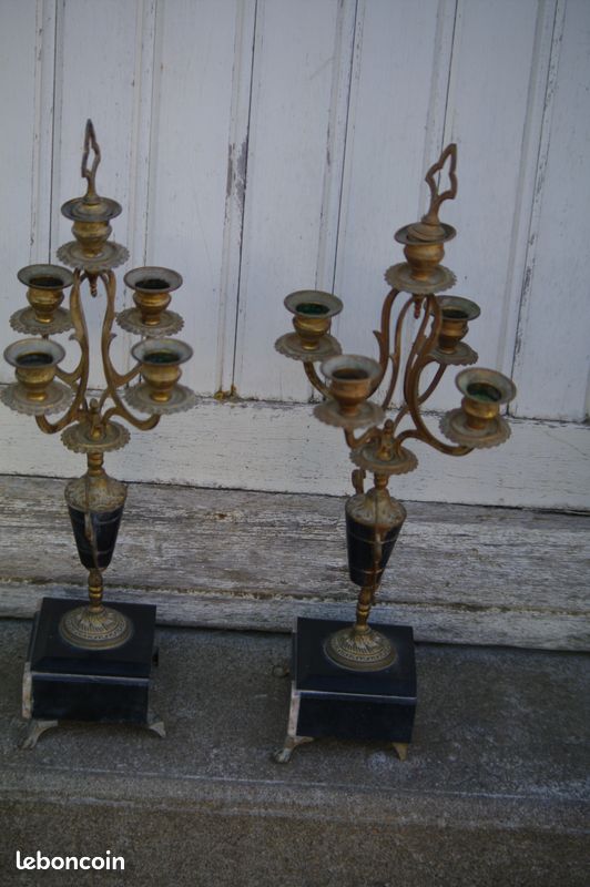 Paire de chandeliers anciens métal doré et marbre (image 2)