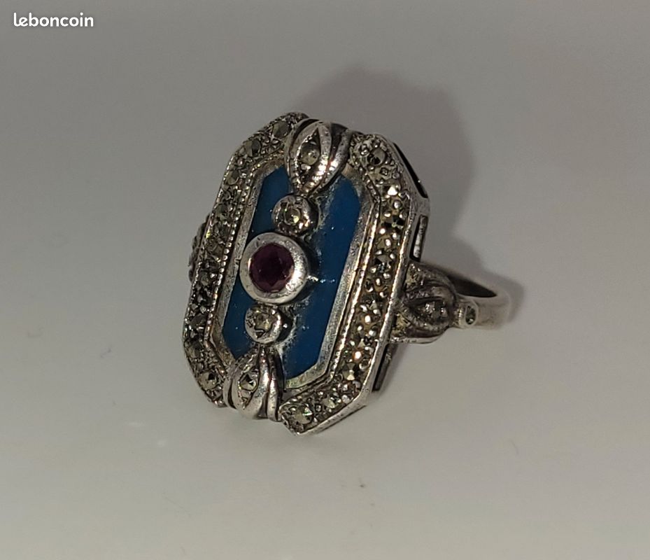 Bague Art Déco Argent Massif 925 Avec Aigue-marine 14x10 Mm - Taille 53 - Occasion