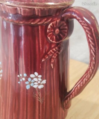 Ancien Rare Cafetière Rouge A Couvercle Barbotine Fleurs Émaillée KG LUNÉVILLE (image 9)