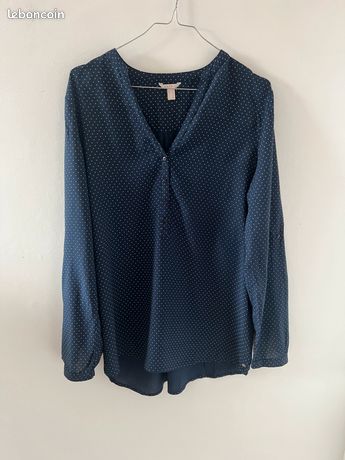 Chemisier 1970 en voile de coton marine et pois blancs - Chez Sarah