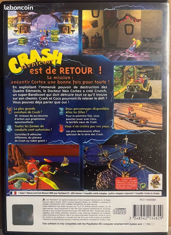 Jeu PS2 Crash Bandicoot : La Vengeance De Cortex - Version Complète (boîtier, Notice) En Bon état