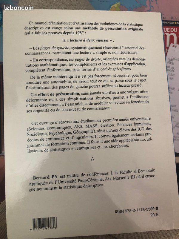 Livre de statistique descriptive Bernard Py à vendre (image 2)