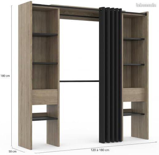 Dressing Extensible 120-180 cm – Double Penderie & 8 Étagères – Coloris Hêtre et Rideau Noir – Design Moderne (image 2)
