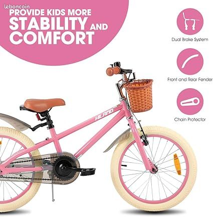 Vélo enfant 14 pouces avec stabilisateurs, frein à ain, garde-boue et panier (rose Vélo enfant 14 pouces avec stabilisateurs, frein à ain, garde-boue et panier (rose