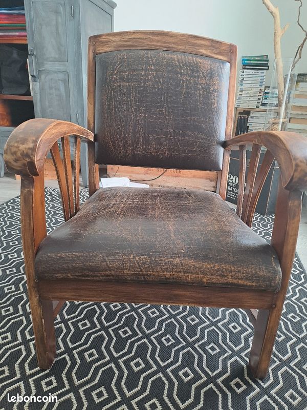 Fauteuil bois et cuir (image 5)