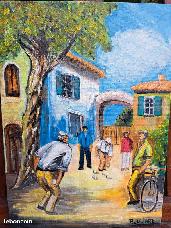 Peinture a l huile joueurs de boules 24 x 33 (image 1)