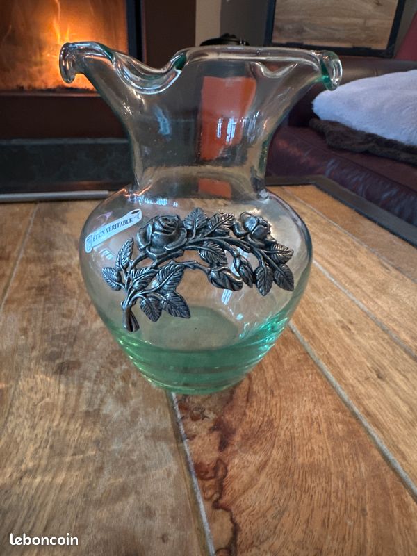 Vase En Verre Argenté Avec Motif Floral En étain - Artisanat - Occasion