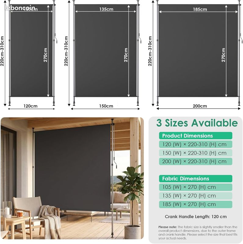Store extérieur vertical L 200 x H 220 à 310 cm, anthracite, avec manivelle, sans perçage, occultant (image 5)