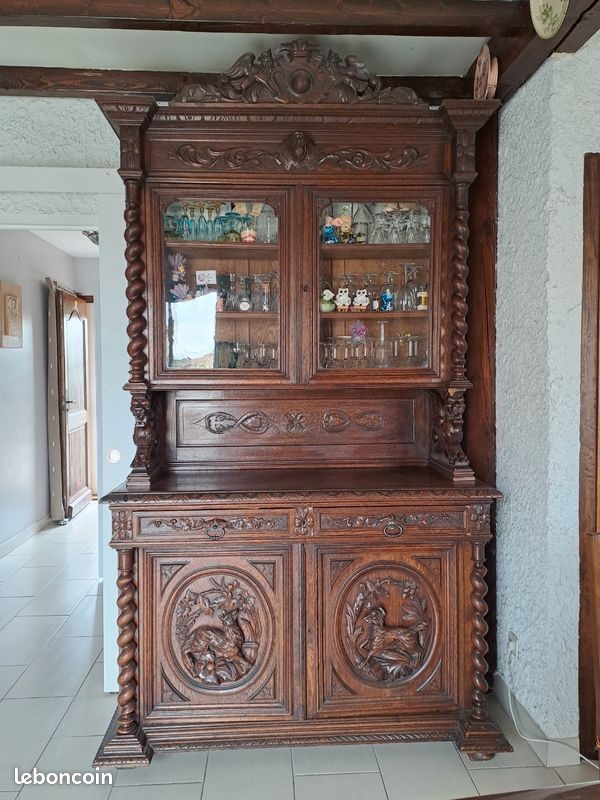 Buffet Bas Ancien Style Henri II – Bois Sculpté, 86x95x51cm, Une étagère, Marron