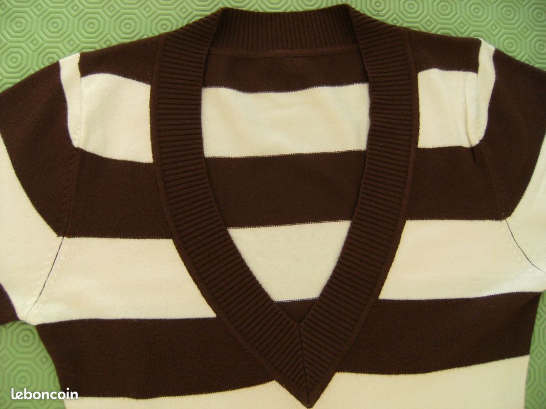 Pull Col V J.CREW En Coton Rayé Marron/blanc – Taille S – Femme – Neuf