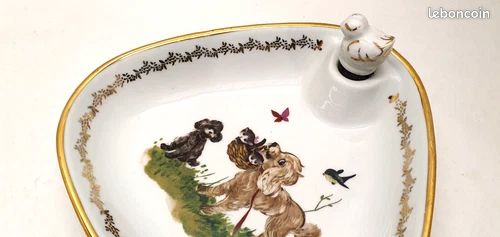 Ancienne Assiette à Bouilli Bébé en Porcelaine Triangulaire Décors Chiens Chats (image 5)