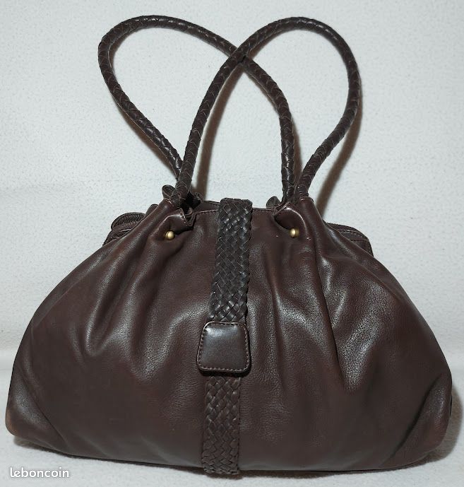 Caroll Sac à Main Cuir de Vachette Grainé Anses & Rabat Tréssé Marron Foncé Hauteur 26 cm Vintage (image 1)