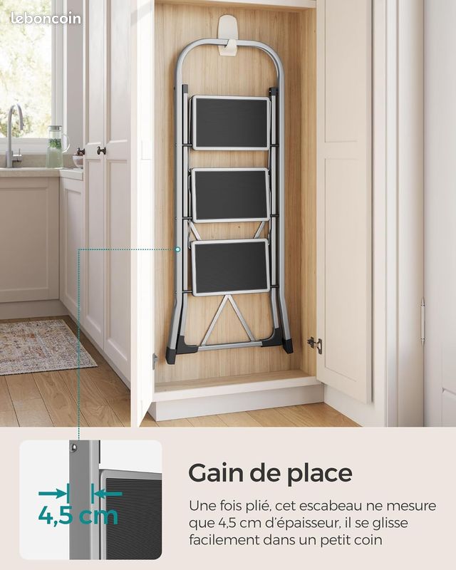 Marchepied 3 Marches - Pliable, Escabeau, Verrou de Sécurité, Facile à Ranger, Charge 150 kg, Gris Tourterelle (Hauteur : 117cm) - Neuf – Livraison gratuite en Europe ⭐ ⭐ ⭐ (image 2)