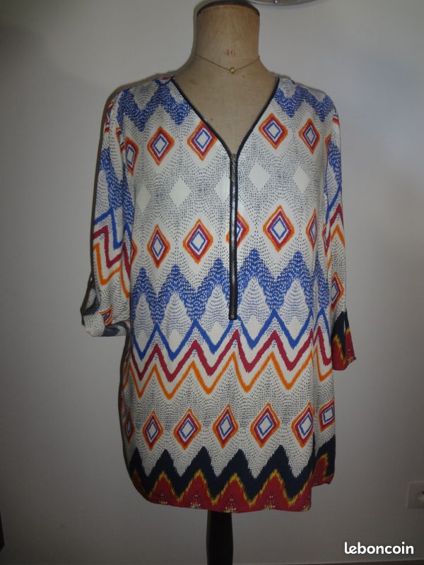 Xxxl 44 46 tunique haut fluide fermeture eclair v top chemise manches courtes ou longues haut / tun (image 4)