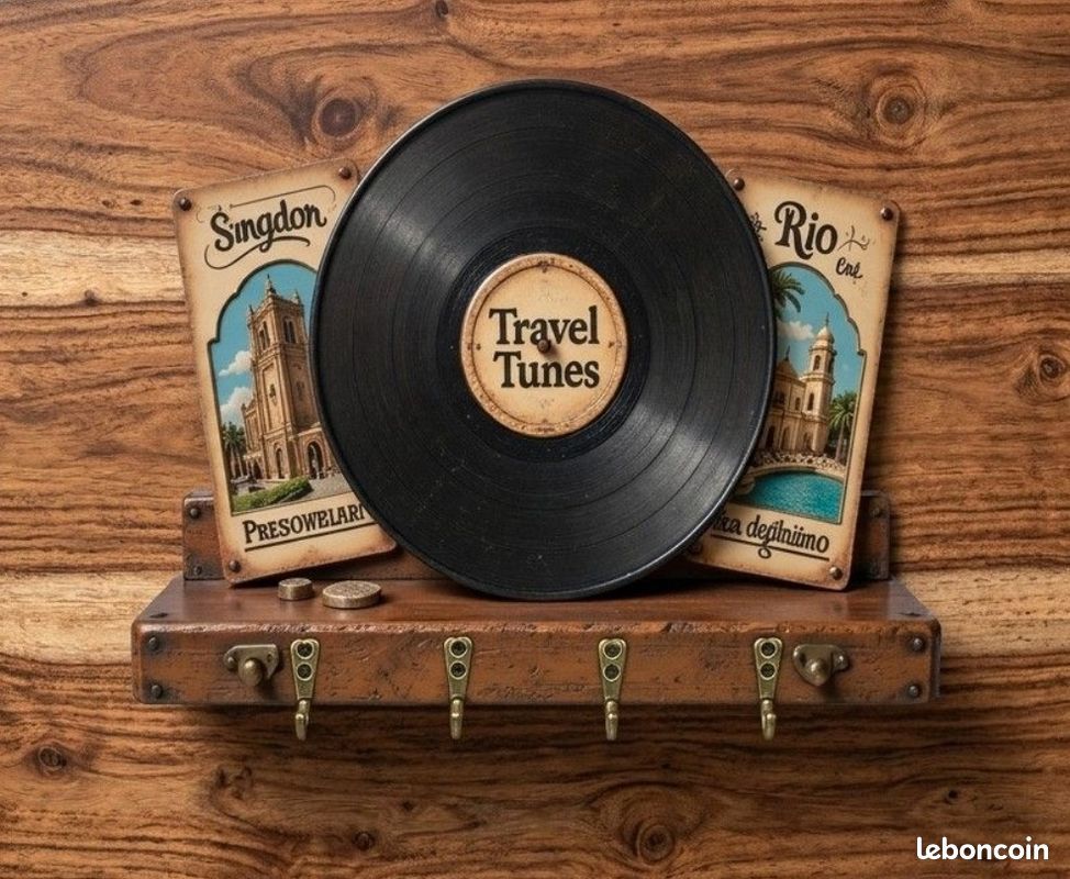 Plaque décorative à crochets - Disque Vinyle Rétro & Voyage (image 1)