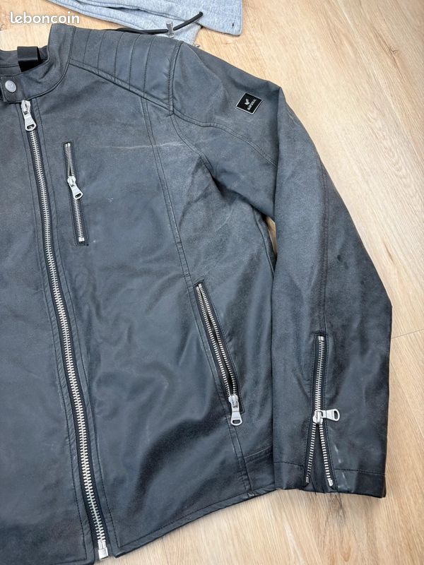 Blouson motard gris Kaporal taille L veste simili cuir et capuche amovible homme style (image 6)