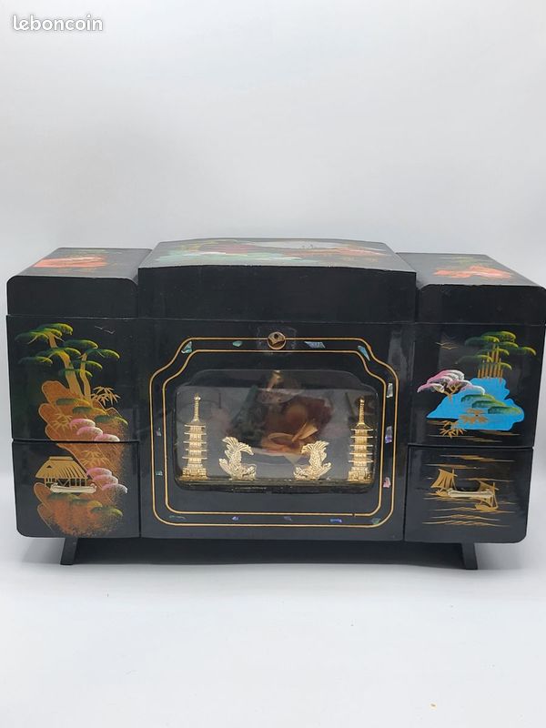 Xi coffret à bijoux musical japonais vintage laqué noir décor asiatique a restaurer (image 1)