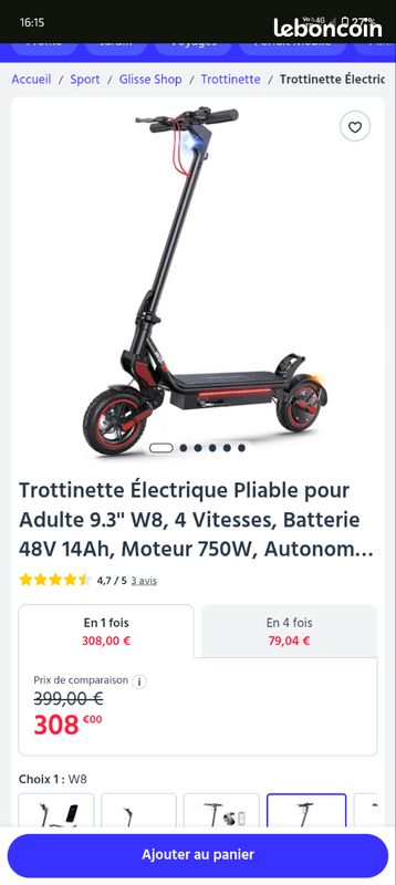 Trotinette électrique 750W 9.3" 4 vitesses batterie 48V 14Ah très peu utilisé (image 2)