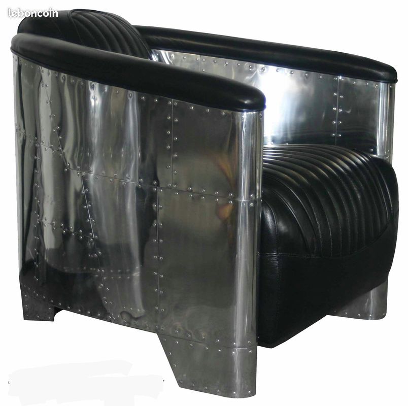 Fauteuil club style aviation alu et cuir noir (image 1)