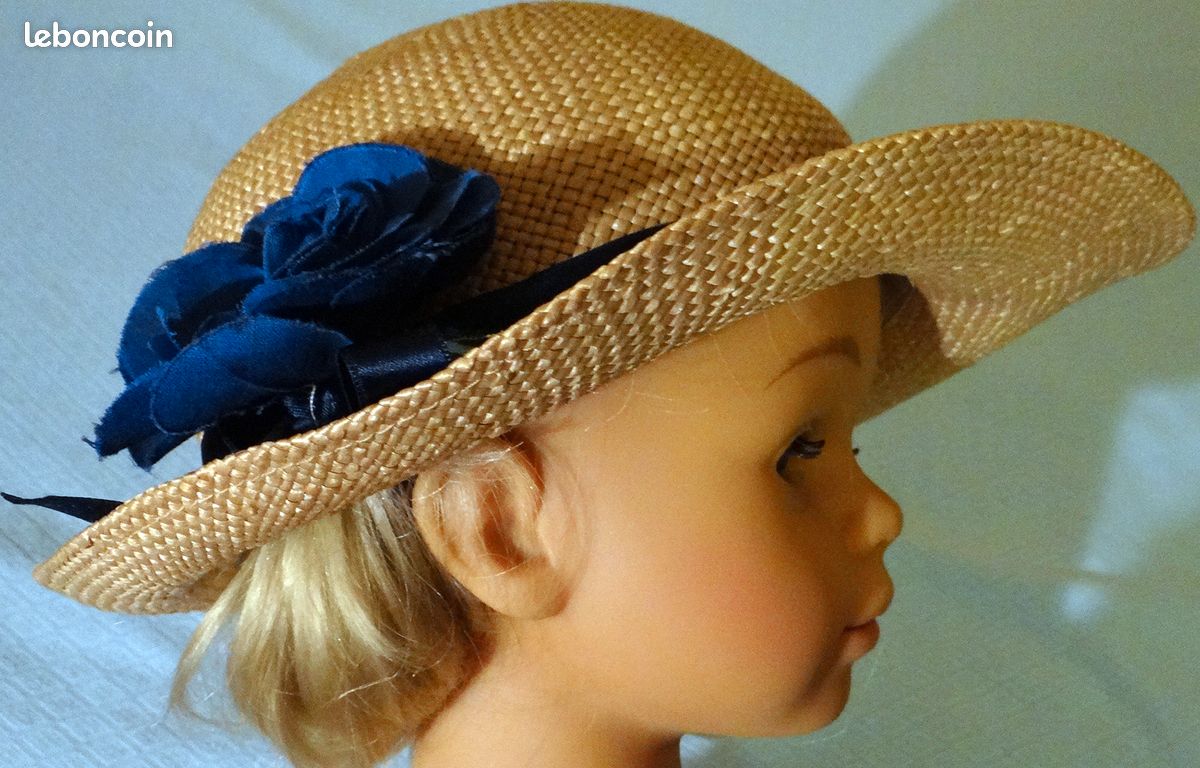 CHAPEAU EN PAILLE NATURELLE 1960 T. 53 cm avec RUBANS FLEUR EN TISSU BLEU mariage, été, défilé vintage, fabriqué en France (image 3)