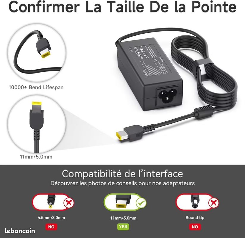 Bloc d'alimentation 45 W 20 V 2,25 A pour ordinateur portable Lenovo ADLX45NLC3A, chargeur AC (image 3)