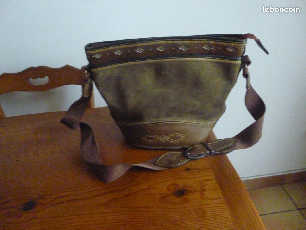 Sac a main femme cuir et daim couleur vert kaki (image 1)