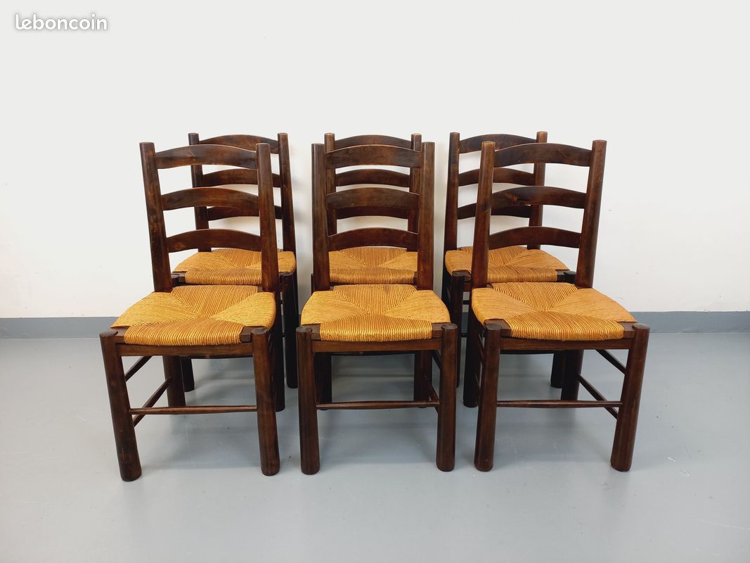 Suite de 6 chaises brutalistes vintage Georges Robert en bois et paille des années 50 60 (image 1)