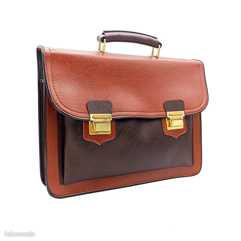 Cartable Vintage 70s en vinyle marron fauve et chocolat | C.D.C M.U Paris | Deadstock - Neuf avec étiquette | Style rétro | Chic scolaire | Made in France (image 1)