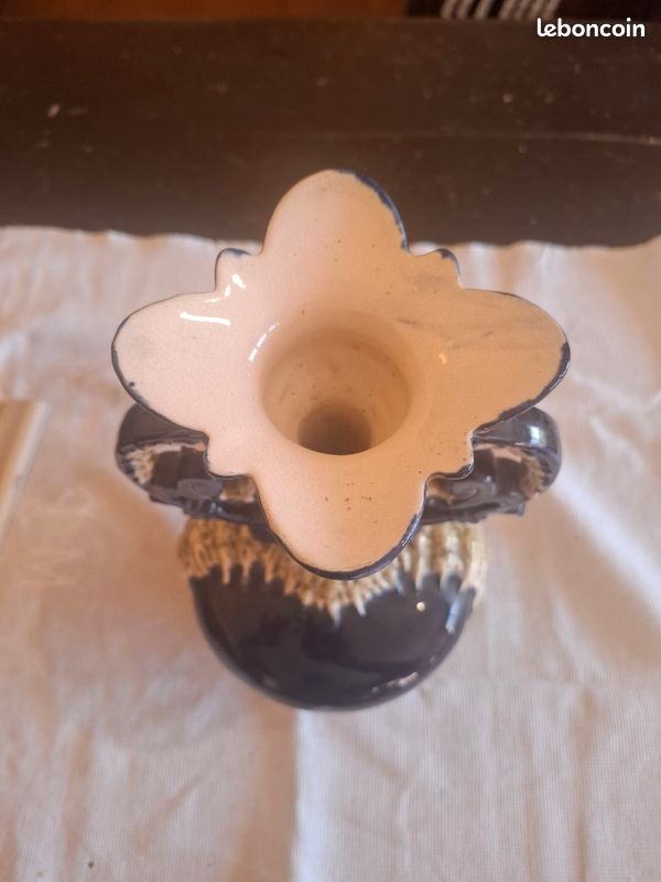 Vase Ancien Barbotine Bleu Cobalt & Email Relief - 35cm (image 3)